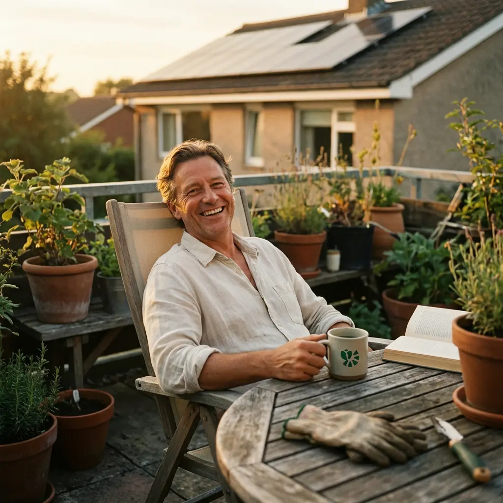 Niels Madsen, tilfreds EcoRay-kunde på terrasse med solceller
